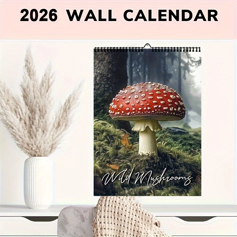 تقويم الفطر البري لعام 2026 - فطر مرقط باللونين الأحمر والأبيض، بما في ذلك من يناير إلى ديسمبر والعطلات