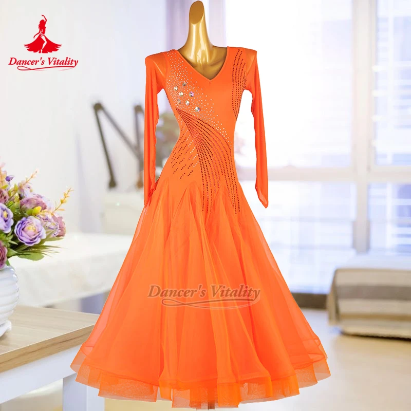 

Танцевальное платье для вальса и фокстрота с V-образным вырезом и длинными рукавами, для тренировок, современное, для взрослых женщин, профессиональная одежда для социальных танцев, на заказ