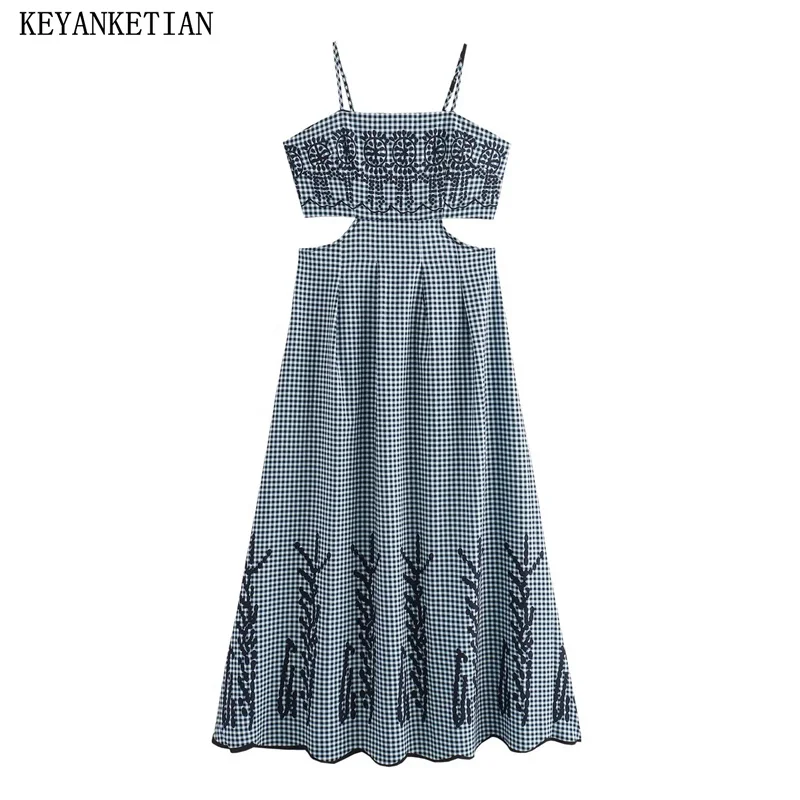 

KEYANKETIAN 2024 New Launch Holiday wind Printed Plaid Halter Dress Summer Hollow out Design Backless Women's Slim MIDI Dresses