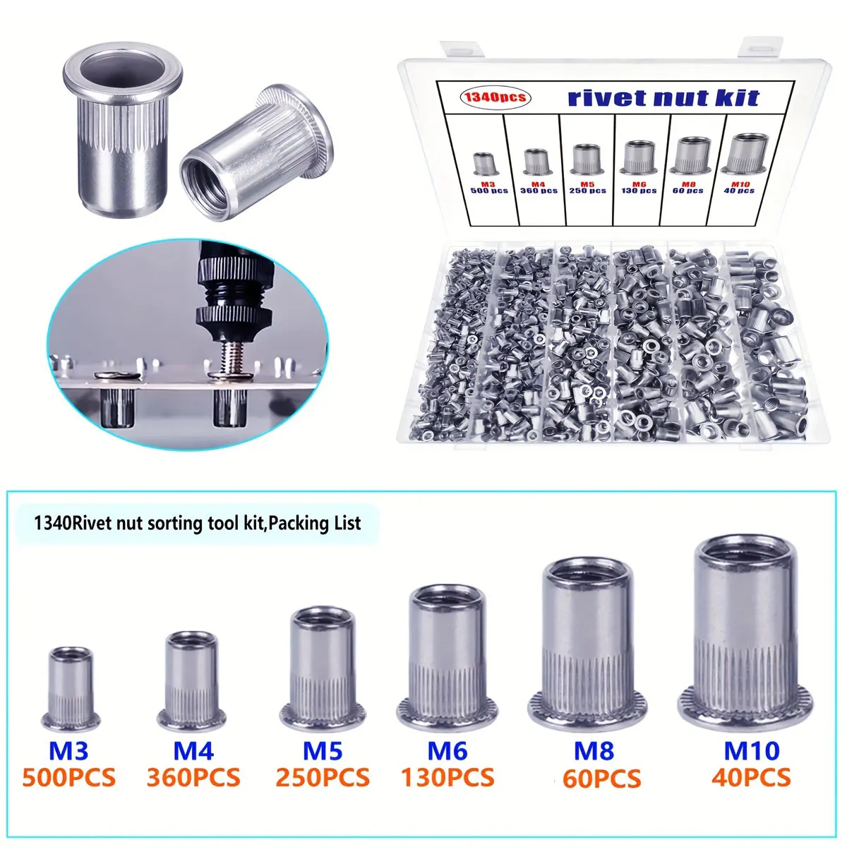 1340Pcs Rivet Nut Sorting Tool Kit Carbon Steel Flat Head Threaded Insert Knurled Body for Metal Steel Aluminum Stainless Steel