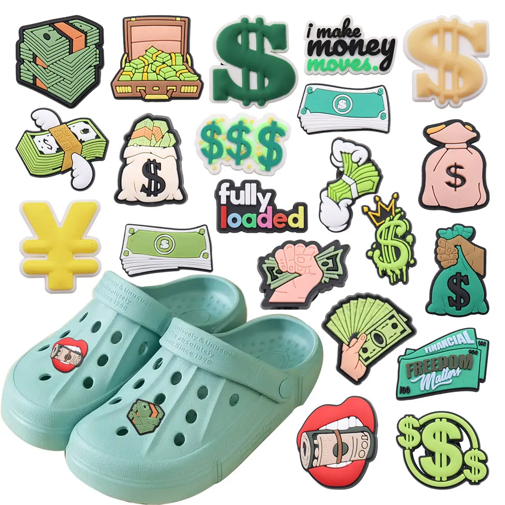 New 1pcs Lots Of Money Fully Loaded Financial Freedom PVC Shoe Charms Slippers Shoes Decoration Buckle Clog DIY Wristbands