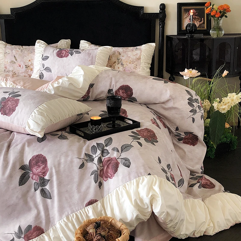 

100% Long-Staple Cotton Bedding Set Gorgeous Floral Romantic Rose Flat Bed Sheet Set Pillowcases Queen King Size Bed Linen Set