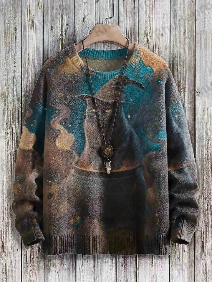 Halloween Vintage Funny Cat Gaze Art Pattern Print Casual Knit Pullover Sweater Men's For Women's Pullover