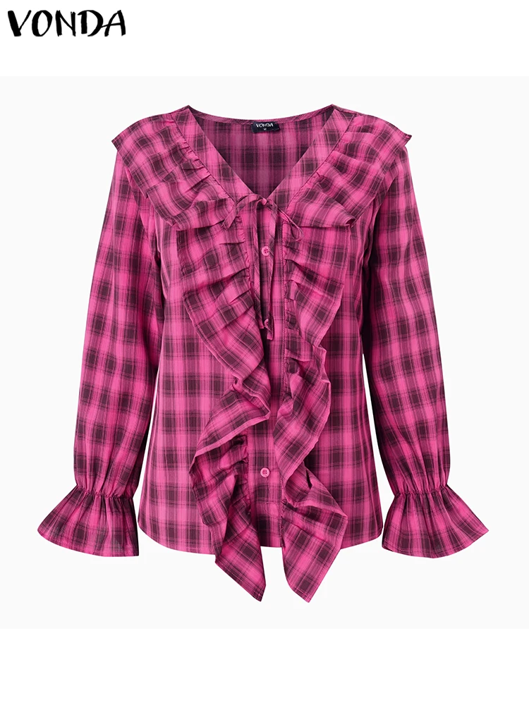 

VONDA Fashion Women Plaid Shirts Ruffled Blouse 2025 Autumn Long Sleeve V-Neck Bandage Casual Elegant Korean Tops Tunic Blusas