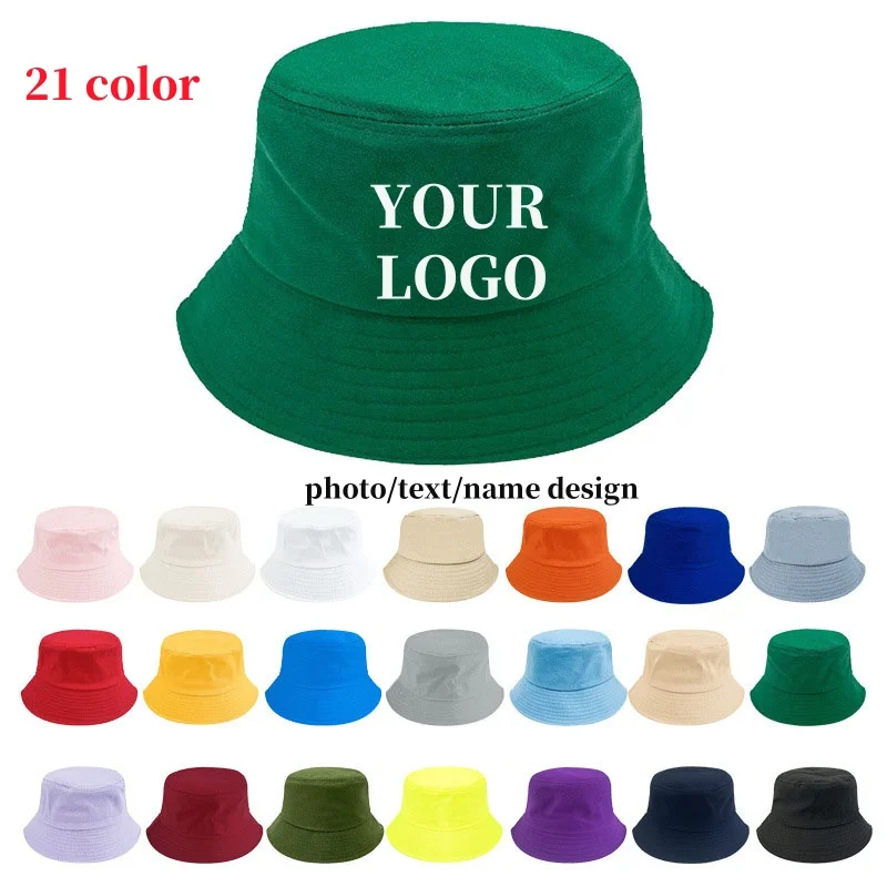 

20pcs Logo Print Embroidery Bucket Hats Custom Fisherman Cap Leisure Hats Outdoor Basin Caps Panama gorros Summer Cotton Sun Hat