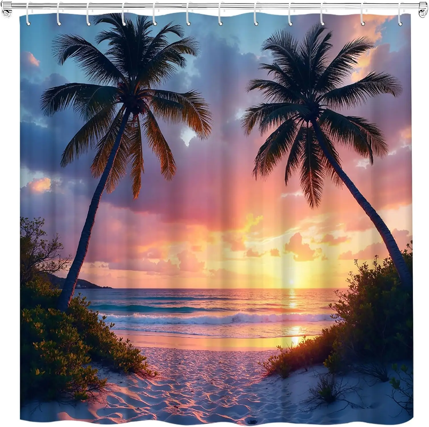 Beach Sunrise Shower Curtain Ocean Coastal Palm Tree Sunset Tropical Hawaiian Orange Sky Seascape Seaside Seacoast Island Nature