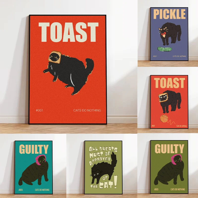 Black Cat Breakfast Toast Lover Gift Cat Doing Things Bread Quotes Wall Art Canvas Painting Posters For Kitchen Room Home Dec
