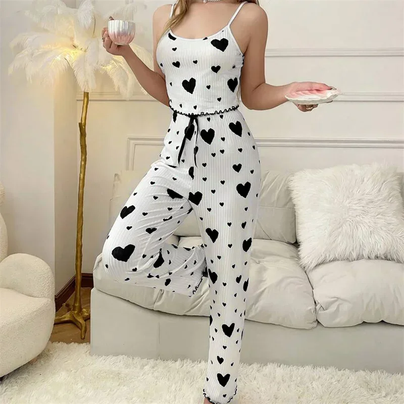 Autumn Winter Pajamas Sets for Women Sleepwear Heart Print Sleeveless Cami Vest with Long Pants Trouser Set Sexy Pyjamas