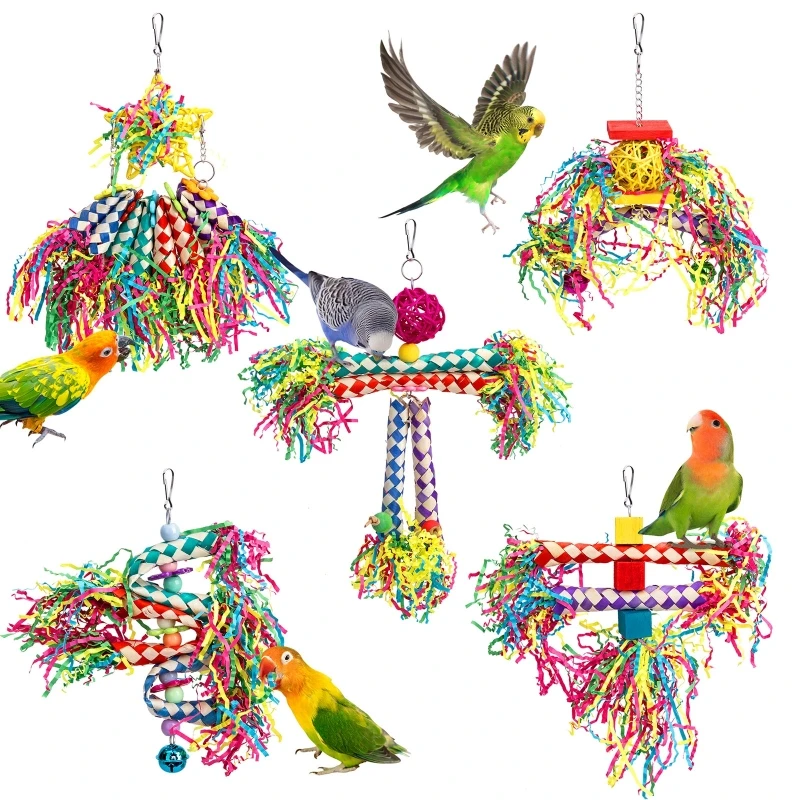 5 Piece Bird Shredding Toys Wooden Blocks Colorful Parrot Chewing Foraging Hanging Toy for Parakeets Love Birds Budgies