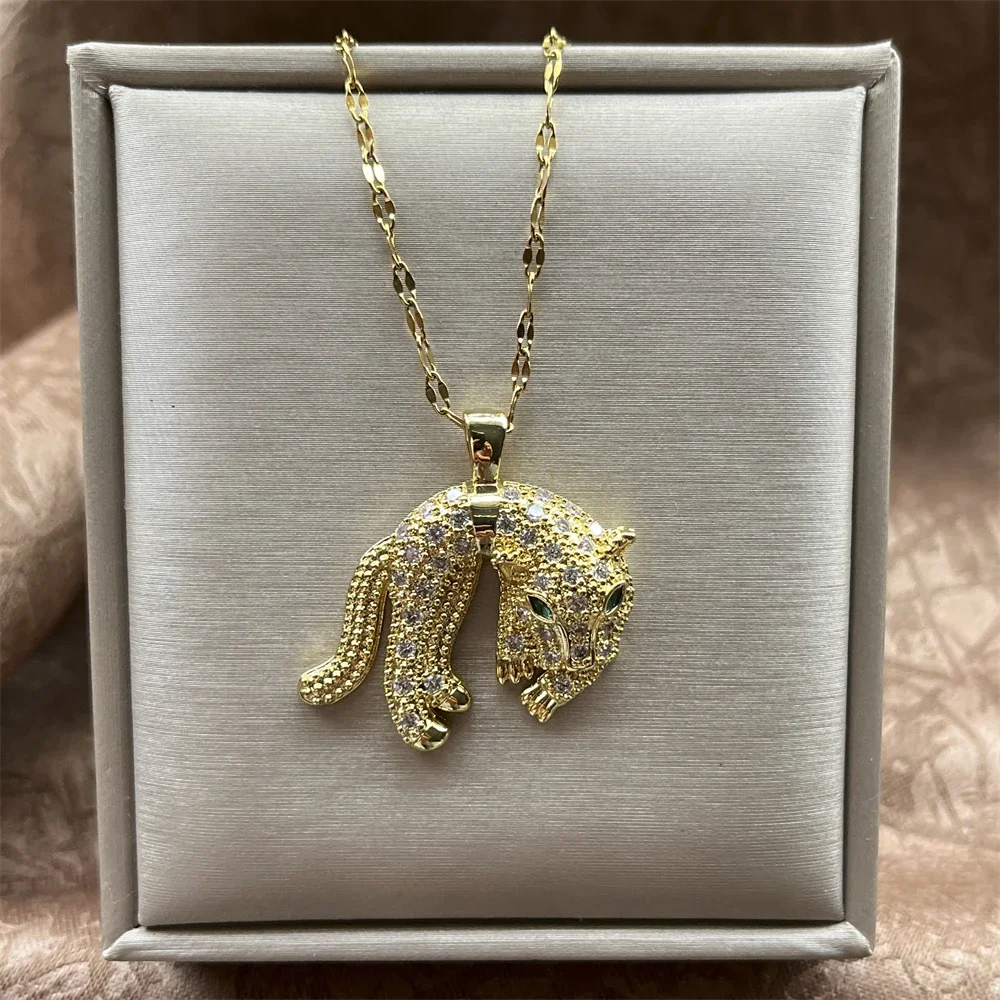 Hip Hop Leopard Stainless Steel Chain Necklace Personality Zircon Filled Titanium Steel Leopard Animal Jewelry For Women