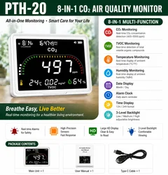 FABISENSE Carbon Dioxide Alarm Clock with big LCD Display CO2 & TVOC Real Time Data Monitoring Multifunctional home assistant