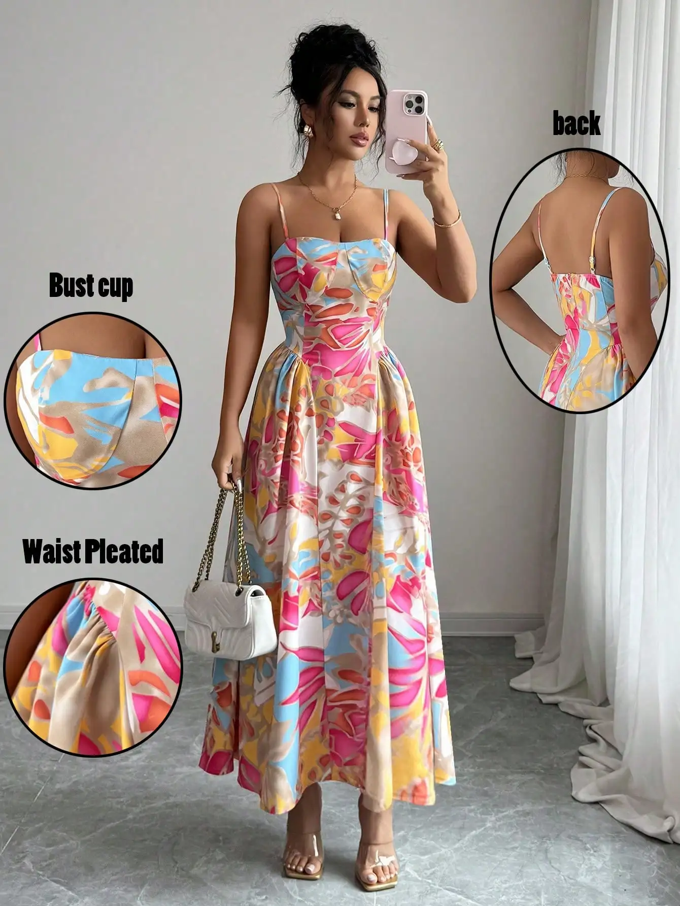 

Women's Floral Print Maxi Dress with Bust Cup, Pleated Waist, Backless Straps