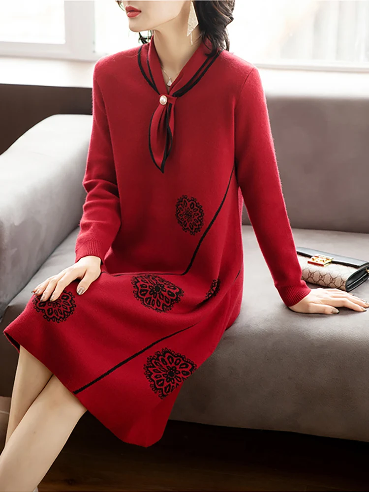 Women Red Print Knitted Cotton Long Sleeve Midi Dress Autumn Luxury Chic Sweater Dress 2024 Korean Vintage Elegant Prom Vestidos