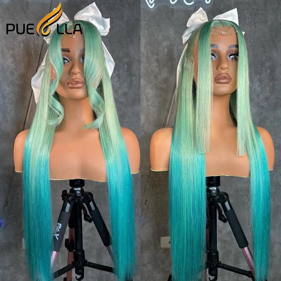 30 Inch Omber Mint Green Lace Front Wig Human Hair Straight 13x6 Lace Frontal Wigs Long Preplucked Brazilian Hair Wig