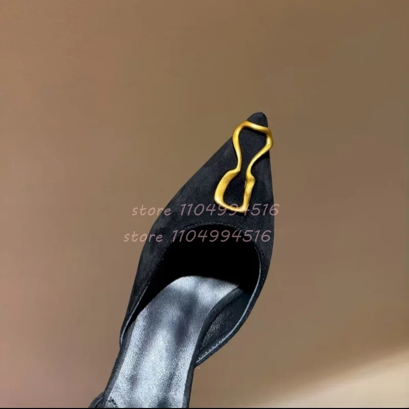 Metal Decor Black Suede Cover Heel Pumps Women Shallow Side Hollow Stiletto High Heels Sexy Pointed Strange Style Party Shoes