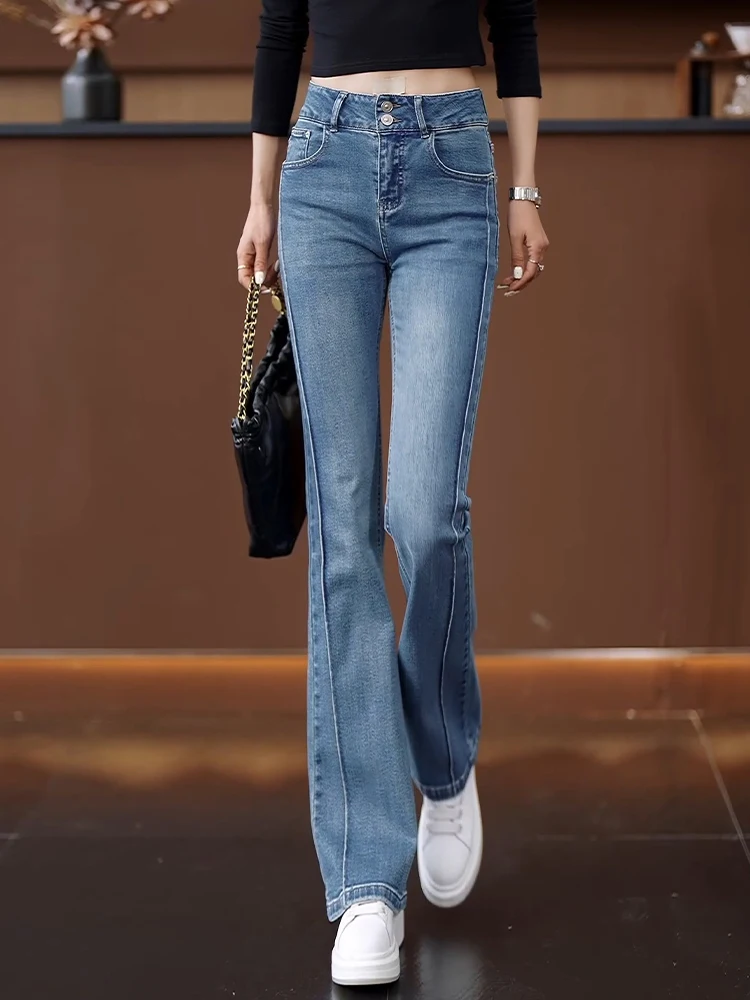 

American Style High Waist Slim Fit Bell Bottom Jeans for Women Spring Autumn New Retro Style Pocket Detail Denim Pants