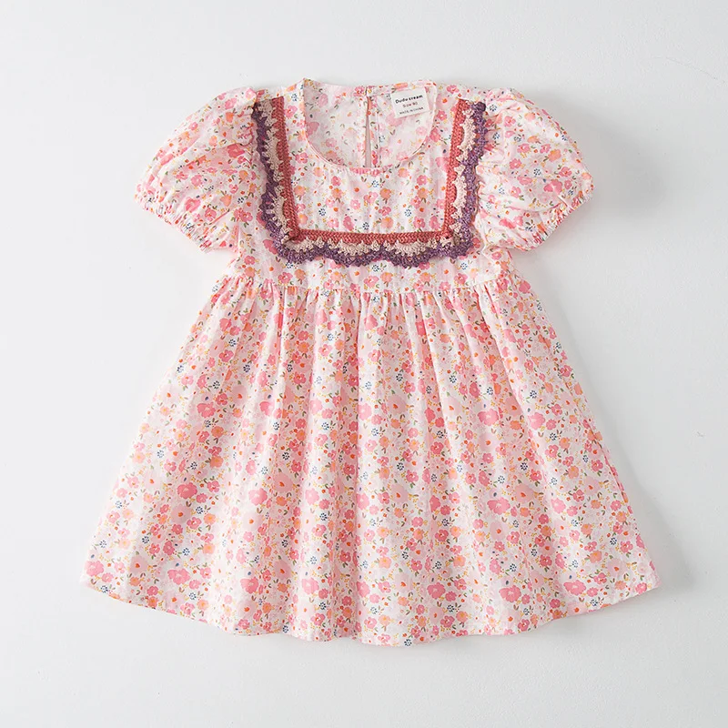 

2025Girls' Summer New Korean Style Bubble Sleeve Square Collar Lace Floral Princess Dress