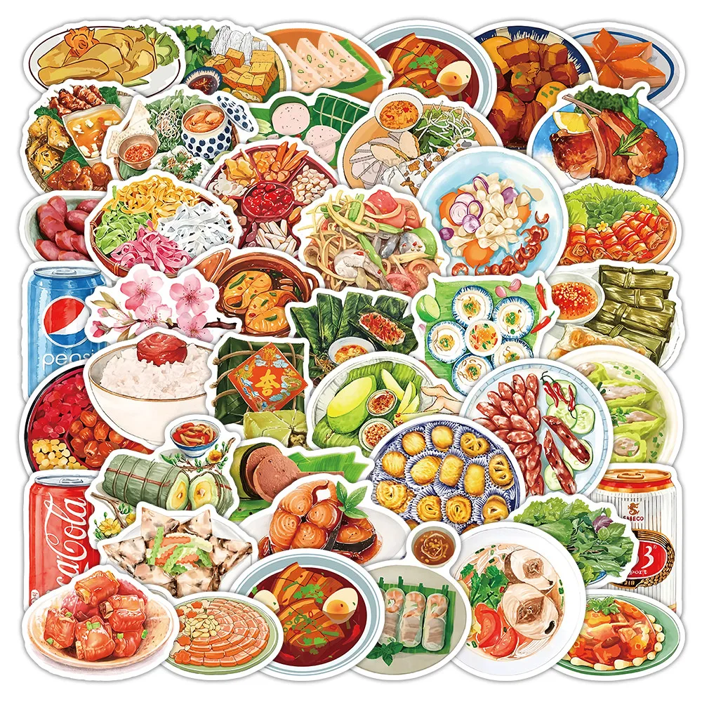50 Hojas de Pegatinas de Comida Asiática, Calcomanías de Deliciosos Platos Chinos para Carcasas de Teléfono, Laptops, Diarios, Stickers para Cuentos