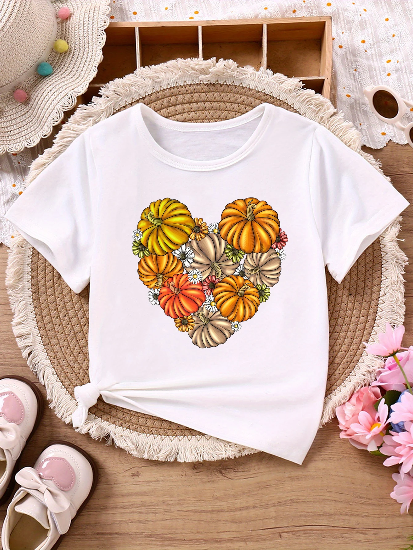 Pumpkins Flowers Printed T Shirt Girls Thanksgiving Gift T-Shirt Funny Kids Clothes Short Sleeve T-Shirt