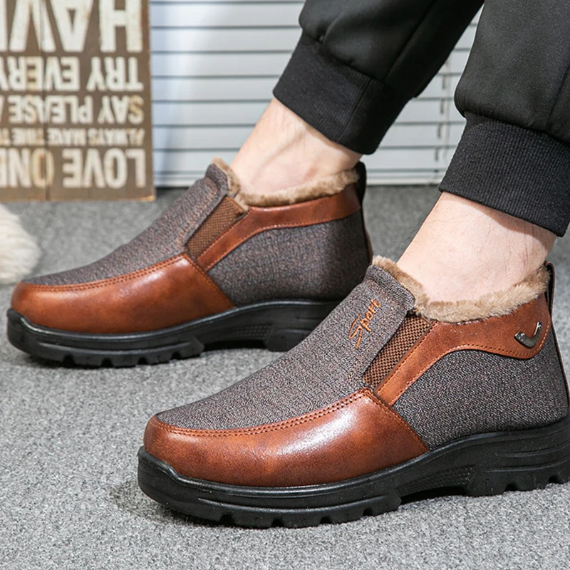 Men Sneakers Pu Leather Comfortable Plush Fur Ankle Plush Warm Shoes for Men Boots Slip On Casual Footwear Solid Color Zapatos
