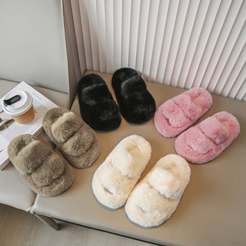 Childrens Furniture Slippers Khaki Warm Wool Girls Boys Soft Fur Slippers Autumn Winter Beige White Outside Kids Cotton Slippers