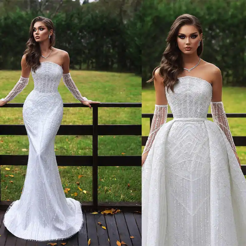 

Vintage Mermaid Wedding Dress Strapless Removable Sleeves Bridal Gowns Sequins Lace Detachable Train Dresses Custom Made vestido