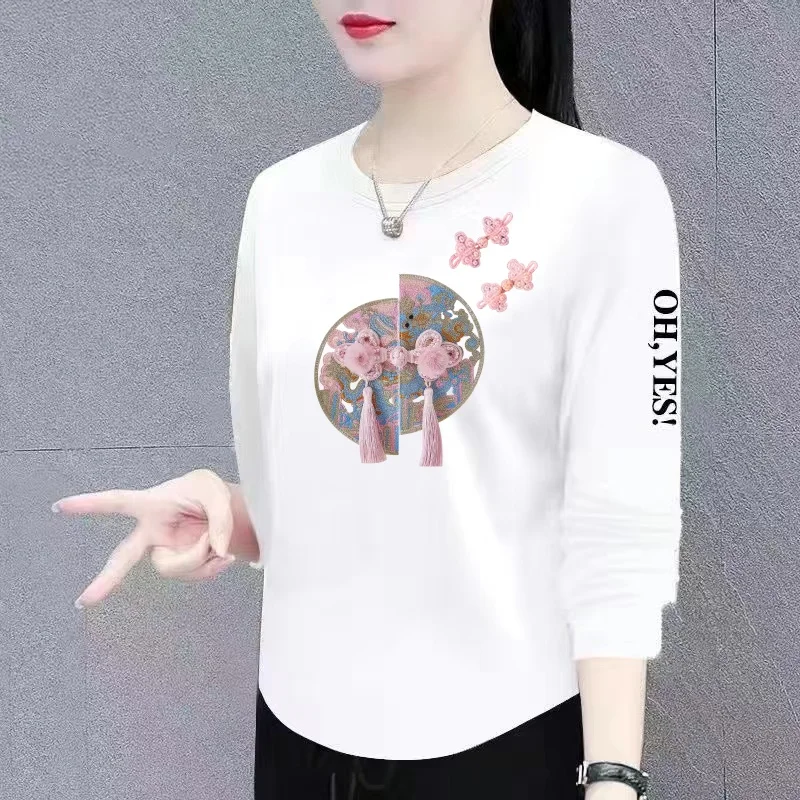 Mom's Style Long Sleeve round Neck Printed T-Shirt Versatile Base Layer Outerwear for Middle-Aged And Elderly Women