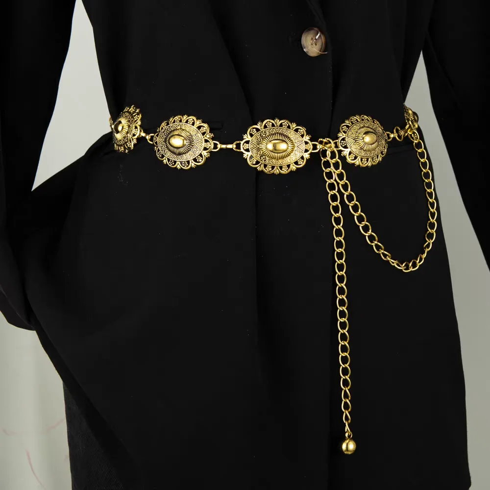Fashion Women Ethnic Metal Retro Adjustable Length Belt Popular Trend Belt for Dress Trousers Sweater Suit Pants Decorative