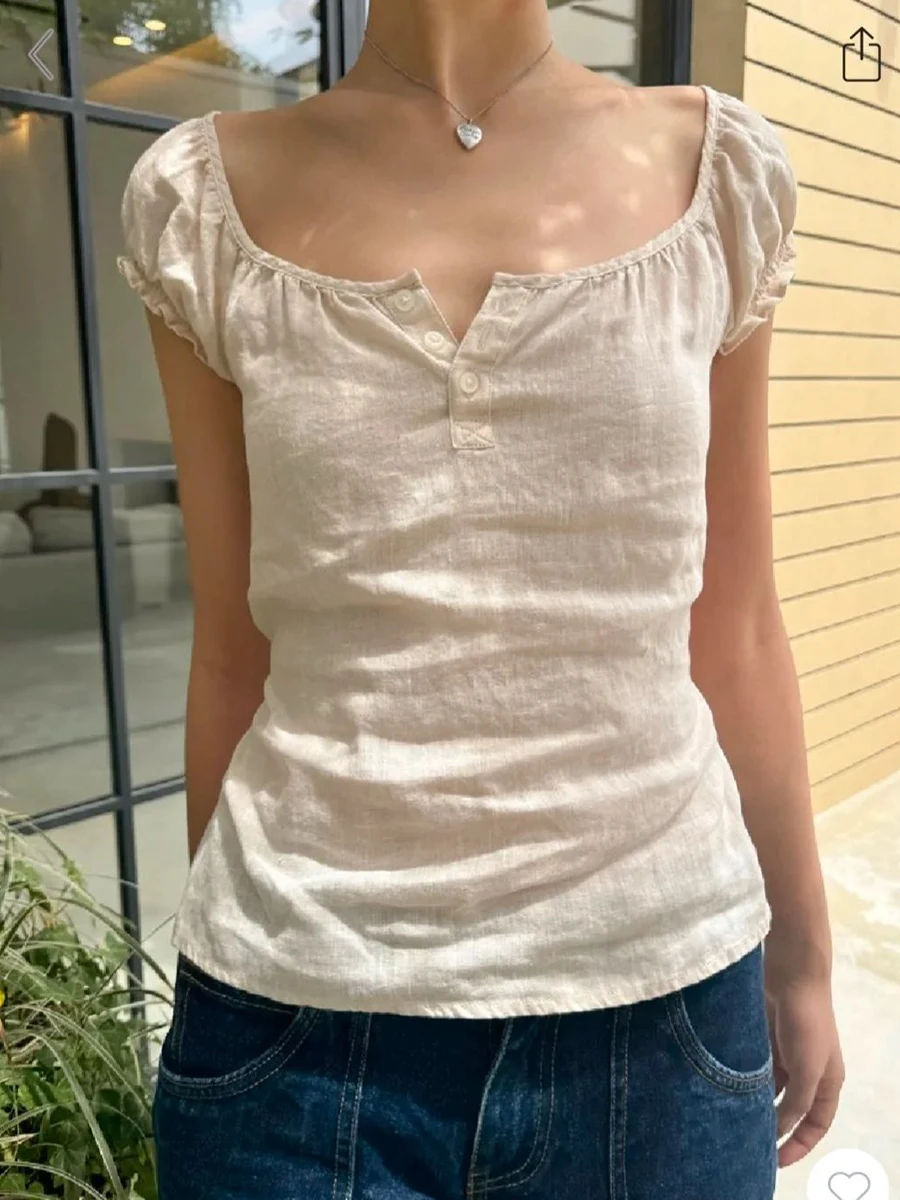 Pink Back Lace-up Slim T-Shirt Women Three Buttons O-neck Ruffles Puff Sleeve Linen Tee Blouse Vintage Sweet Cute Tshirt Y2k