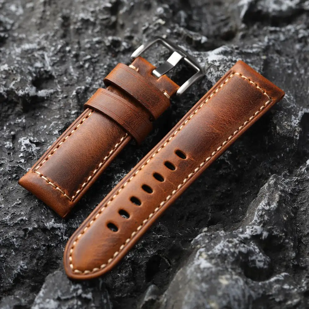 Handmade Head Layer Cowhide Leather Strap Tan Vintage Men Watch Bracelet 20 22 24MM Soft Thickened Bronze Buckle Bracelet