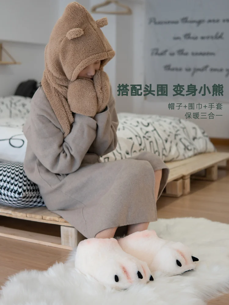 Cute Plush Bear Claw Cotton Slippers For Women And Men In Winter, Couples With Heels Thick Soles And Funny Home Fur Floor Shoes