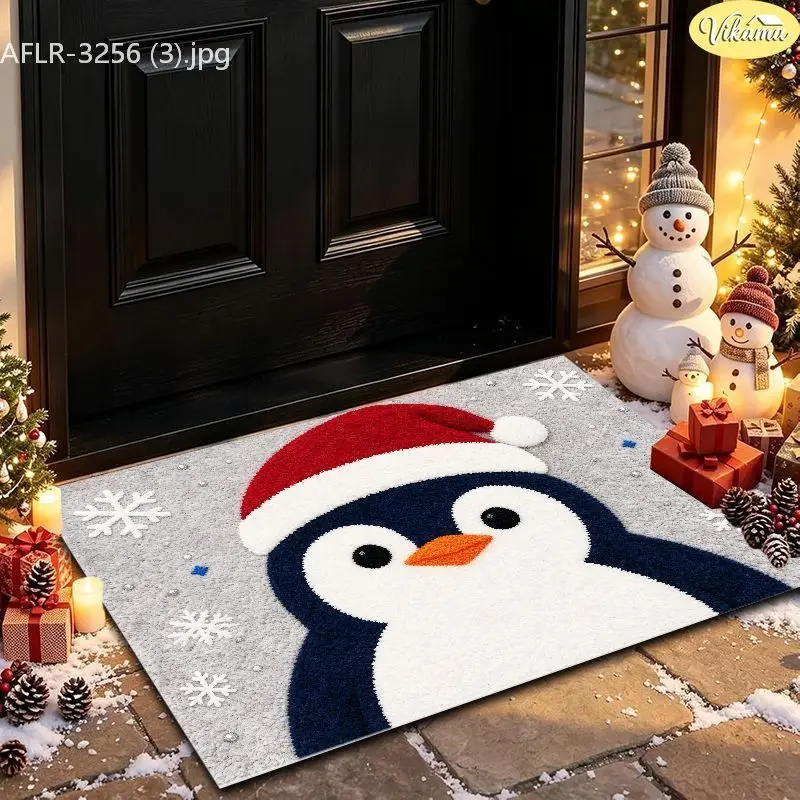 VIKAMA Gray Penguin Santa Face Entryway Rug Non Slip Low Profile Mats for Outside Front Door Xmas Winter Decor Washable