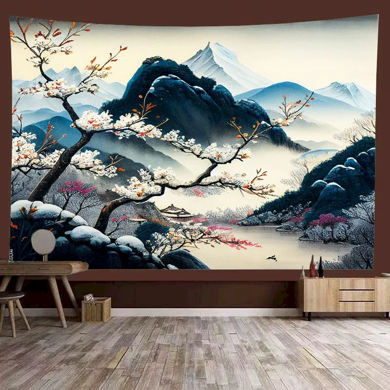 VIKAMA Ink Mountain Tapestry Oriental Pine Plum Blossom Pavilion Wall Hanging Zen Beautiful Background Cloth Home Decoration