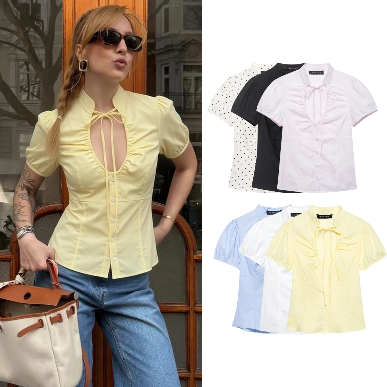 Sommer Damen Hollow-Out Shirts mit Schleife, V-Ausschnitt und Puffärmeln – High-Street Blusen, sexy T-Shirts und Oberteile für Damen