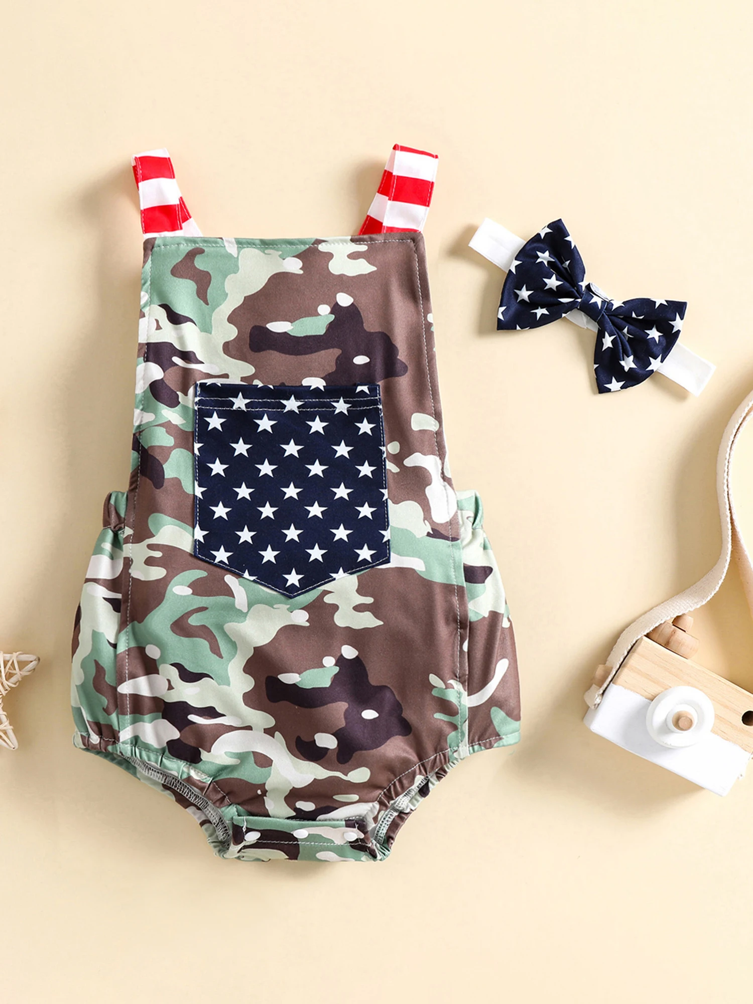 

Cute Baby Girl Romper Set with Camouflage Print Sleeveless Striped Jumpsuit Suspender Straps and Matching Headband for