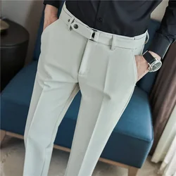 Pantalones ajustados de Boutique para hombre, ropa Formal, pantalones ajustados, estilo británico, decoración de cinturón, traje informal de negocios, 36