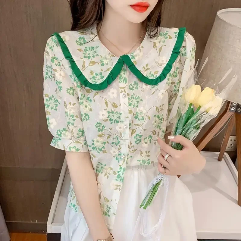 

Шифоновая блузка с детским воротником и короткими рукавами, Новое поступление лета, нежная вышитая цветочная блузка
