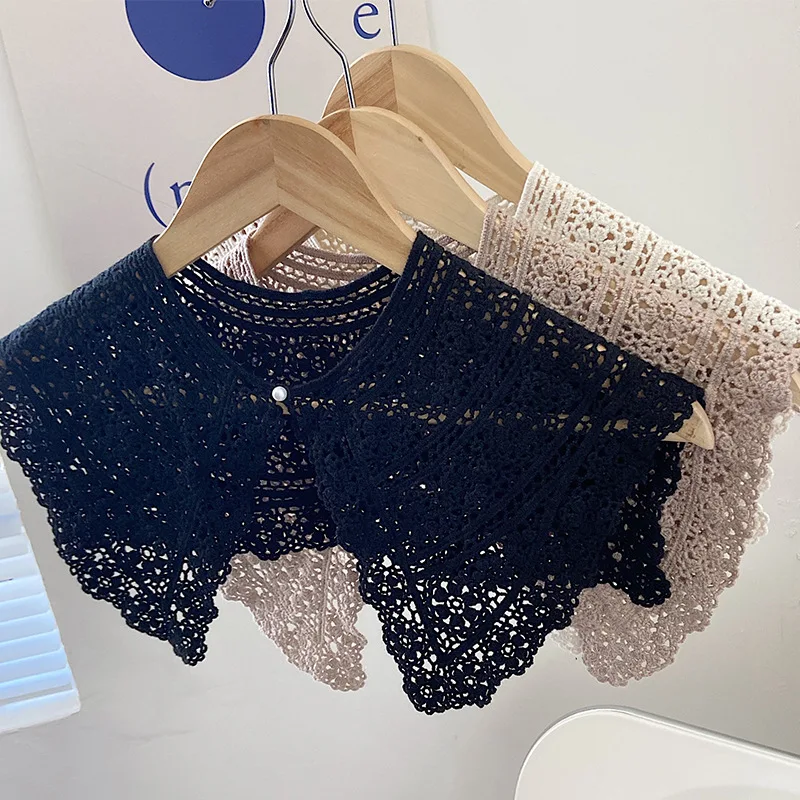 

Summer lace shawl, sheer and lightweight, pairs with dresses or T-shirts, featuring a faux collar and crochet details