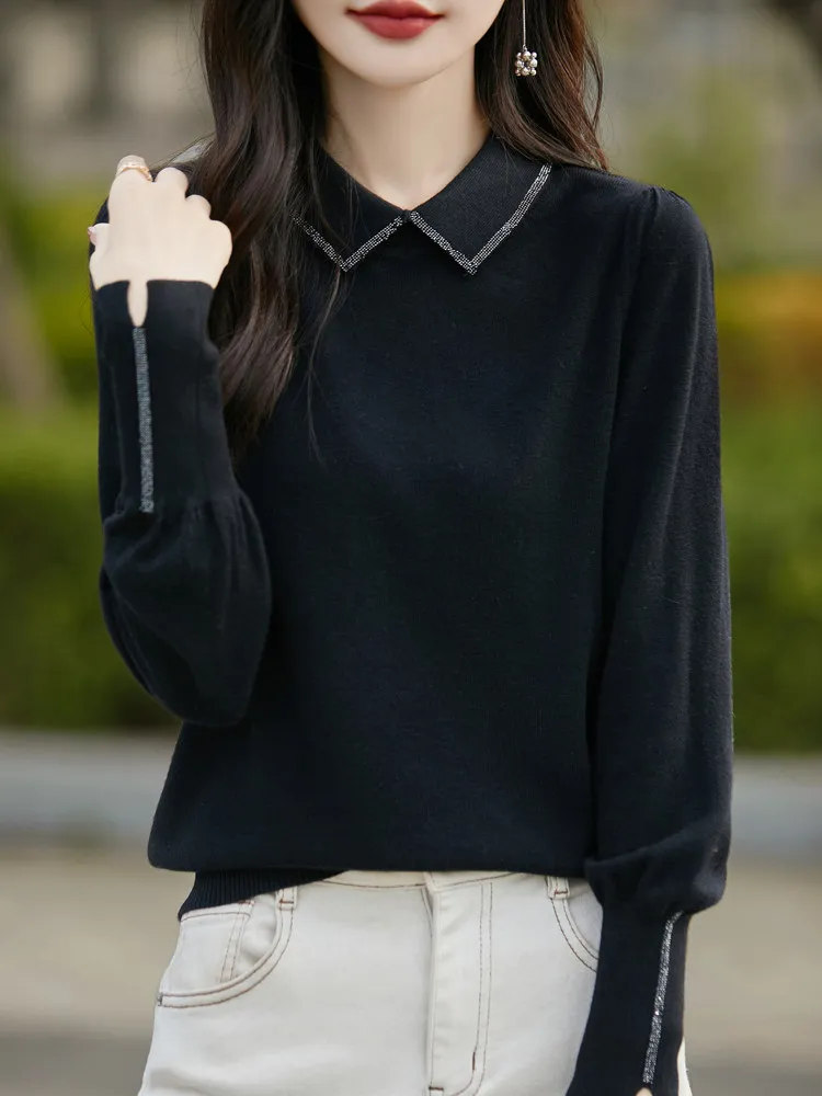 Delicate  Neck Knitted Loose Short Top Women's Base Shirt Lantern Sleeve Diamond Heat Treatment Soft Winter Sweater