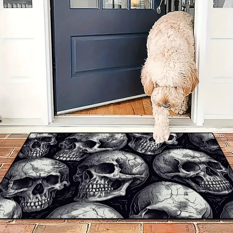 Halloween Skull Doormat Rug Pad Rectangle Mat for Entrance Living Room Bedroom Kitchen Lightweight Washable Festive Home Decor