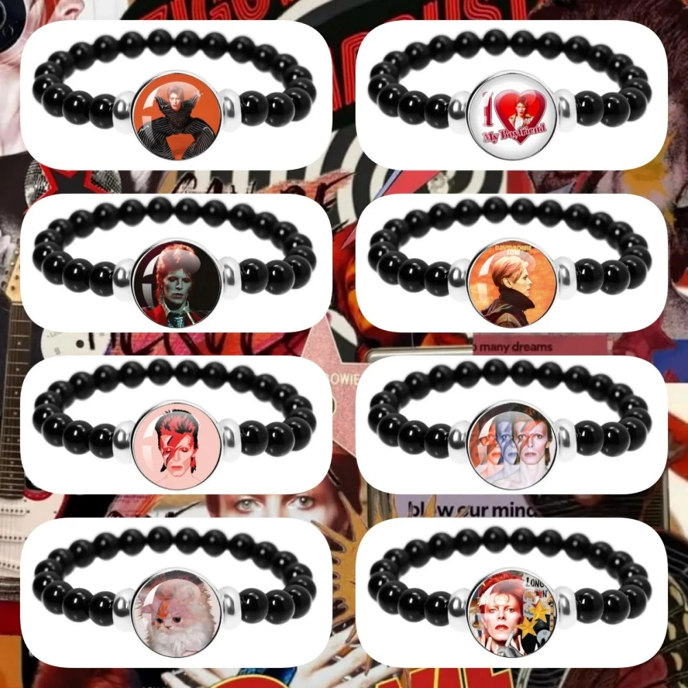 Classic Singer D-David B-Bowie Bracelets Glass Cabochon Elastic Black Bead Bracelet Jewelry Ornament Accessories Fans Gift MS055