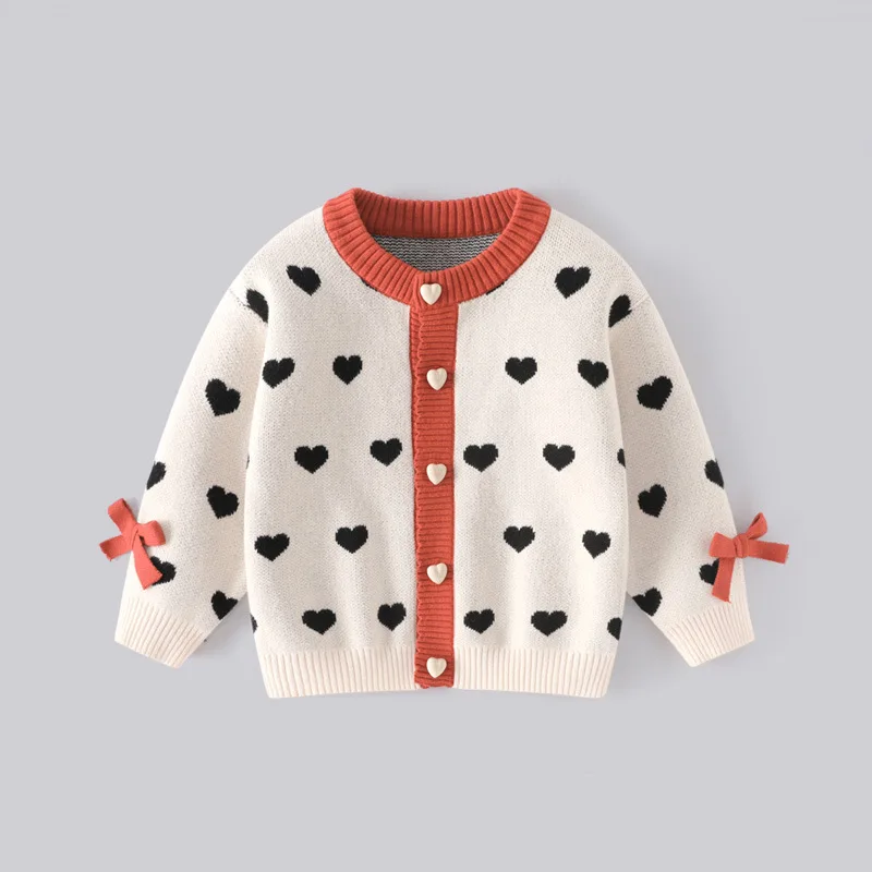 Autumn Winter Baby Girls Sweater Coat Loose Love Printed Round Collar Infant Girls Cardigan Suit Knotbow Toddler Girls Knitwear