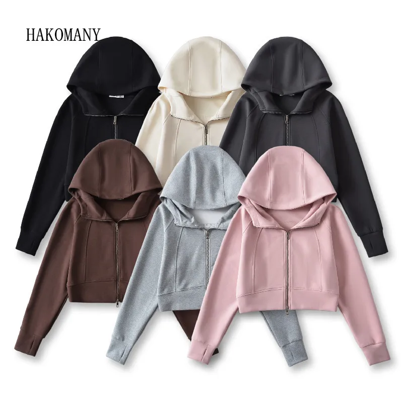 

2023 Women Full Sleeve Loose Short Hoodies Casual Sweats Gray Autumn Winter Harajuku Air cotton Zipper Hooded Sweatshirt