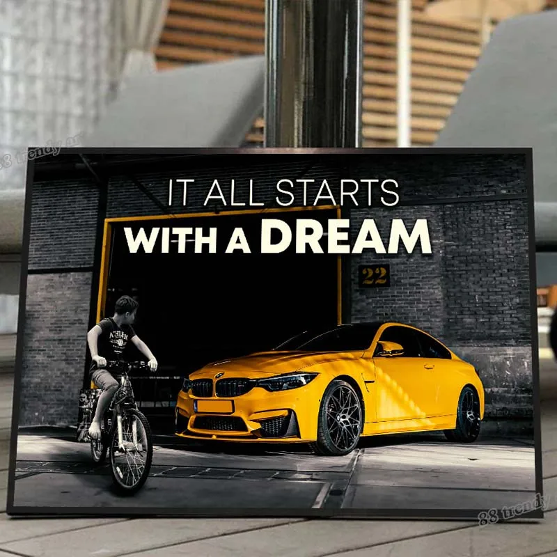 

Little Boy on The Bike Looks At The Luxury Car Picture It All Starts with A Dream Canvas Painting Motivational Wall Art Poster