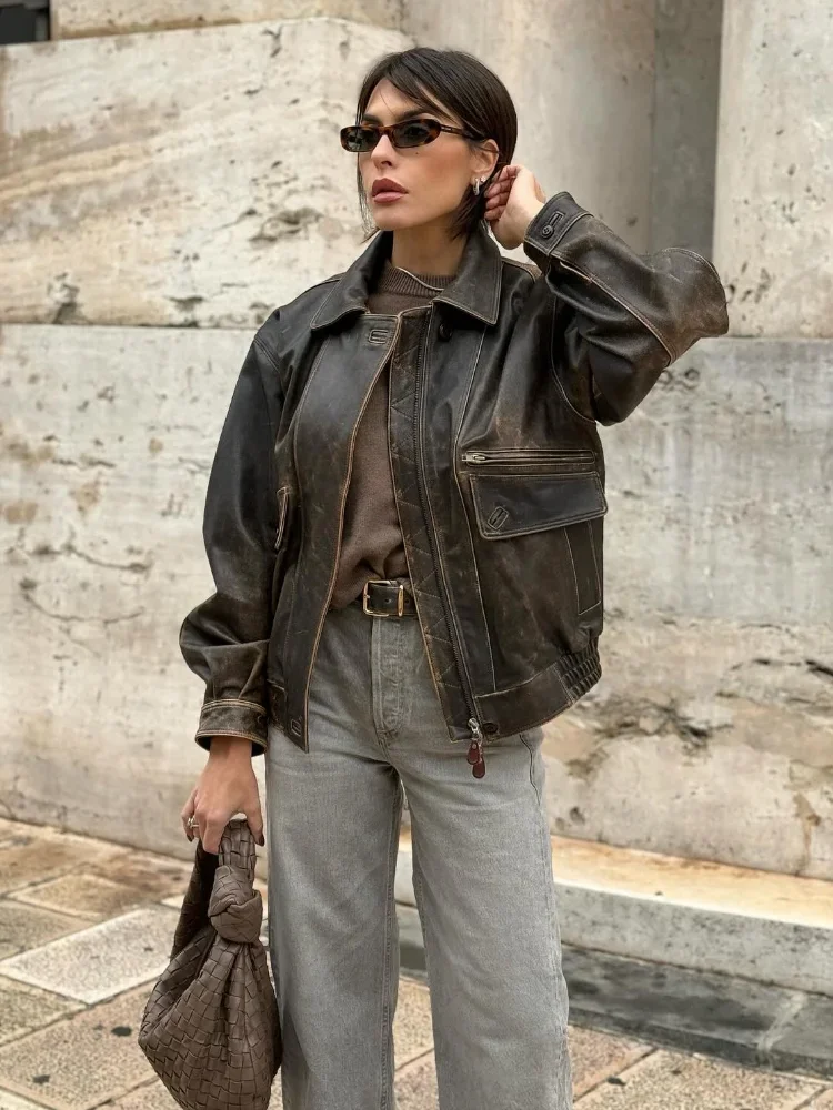 Giacca in pelle Pu da donna marrone Vintage Retro risvolto doppia cerniera tasca con bottoni giacche Crop 2024 Lady moto Outwear