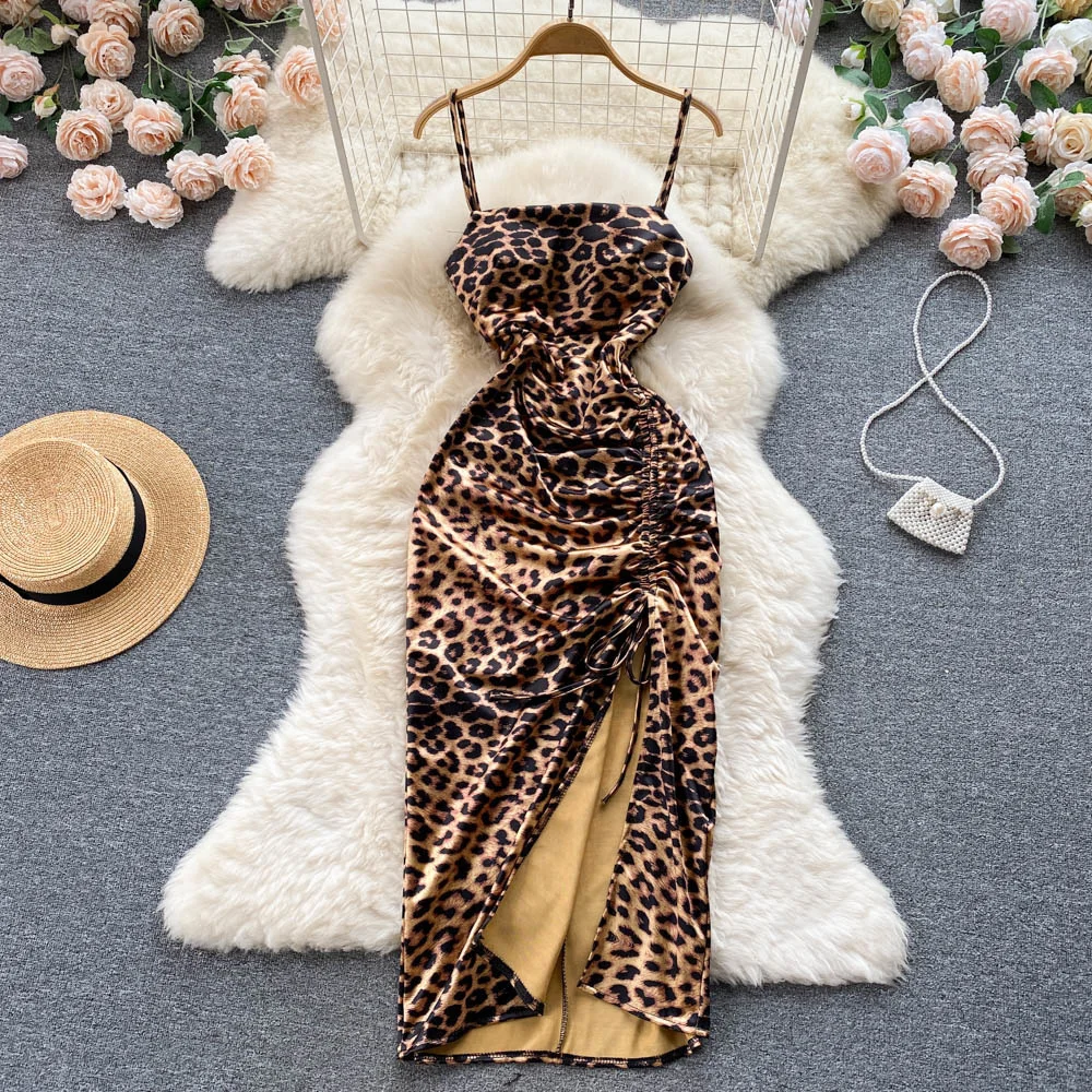 

Sexy ssTss Leopard Print Party Long Dress Women Fashion Summer Spaghetti Strap Sleeveless Slim Drawstring Ruched Satin Dress