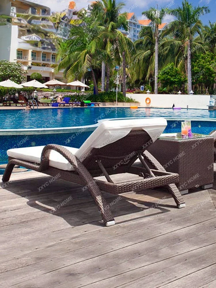 Outdoor Swimming Pool Lying Bed Folding Rattan Woven Beach Chair Lying Bed Rattan Chair Recliner Leisure Courtyard