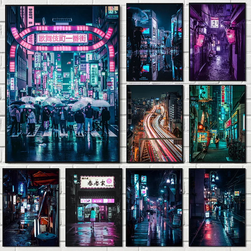 Póster de ciudad nocturna Pop Neo Kyoto, Torre de Osaka, lluvia, calle, medianoche, Matsuri, pinturas en lienzo púrpura, arte de pared, decoración de la habitación del hogar