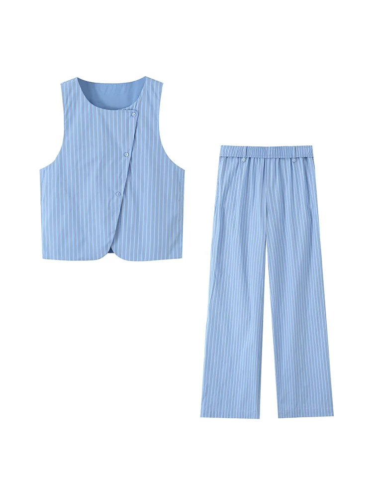 

SIYANG Women Fashion 2 Piece Set Blue Striped O-Neck Single Breasted Tank & Vintage Straight Leg Pants Female Chic Pants Suit