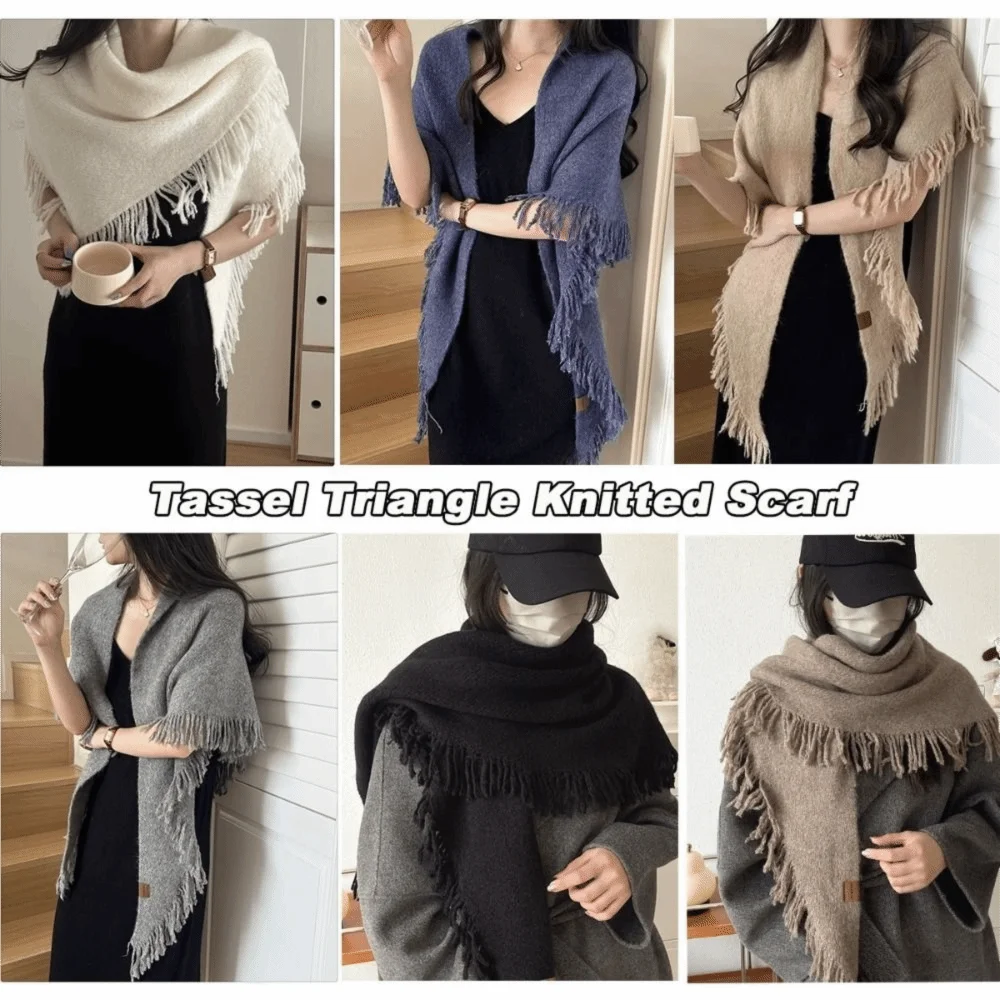 

Модный треугольный вязаный шарф с кисточками, утолщенный мягкий свитер, шаль, накидка на шею, однотонная шаль из смеси шерсти